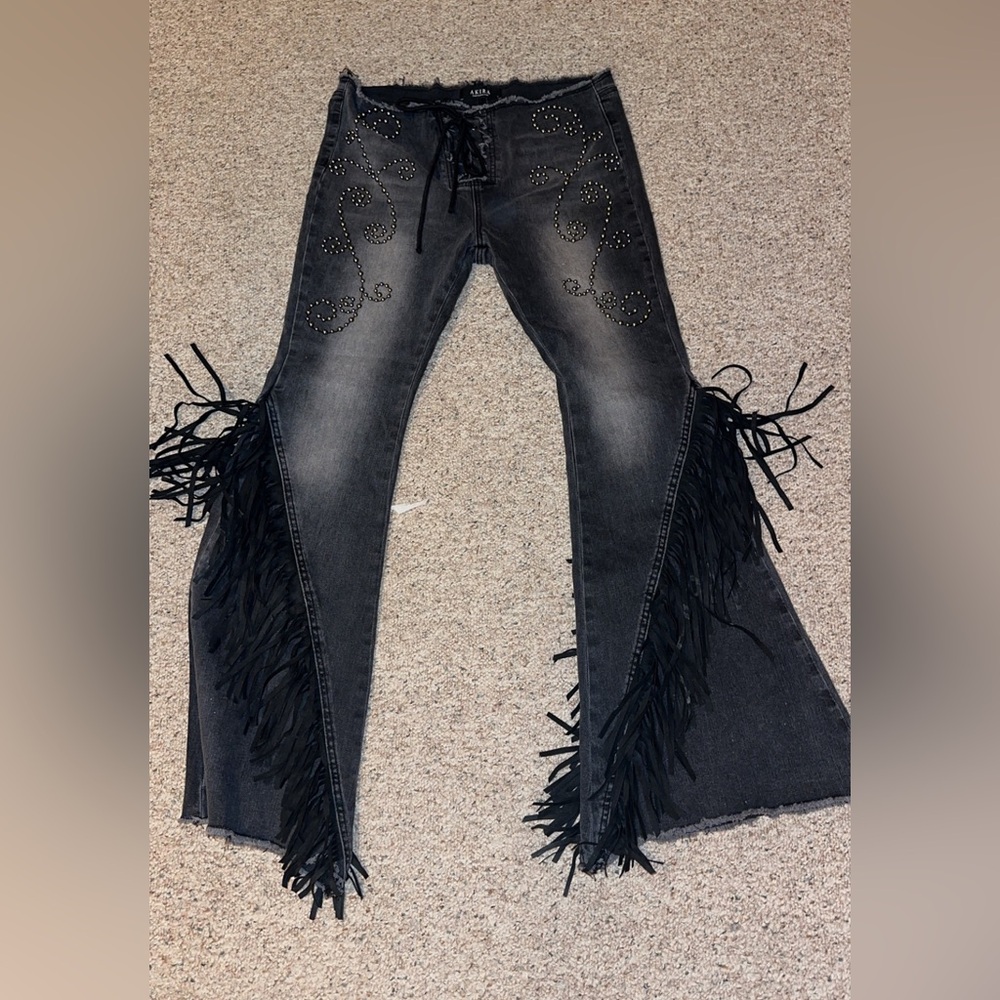 Akira Black denim fringe Button rivets Lace up pant 
Never worn, w/tags Small